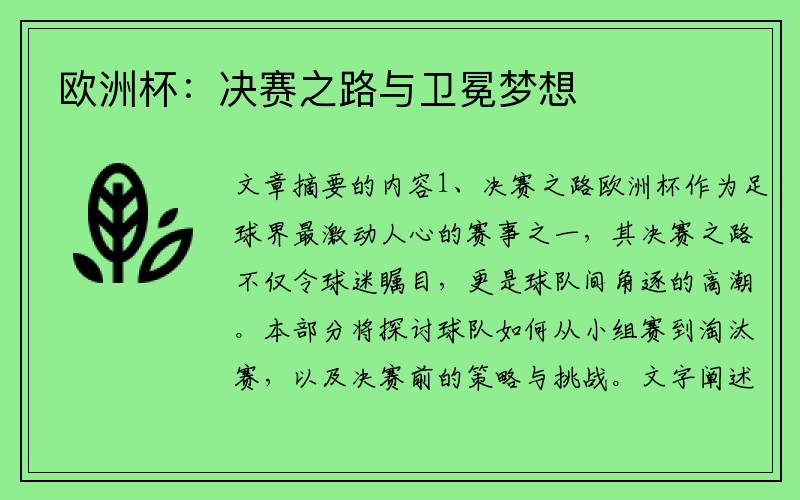 欧洲杯：决赛之路与卫冕梦想