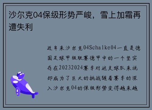沙尔克04保级形势严峻，雪上加霜再遭失利