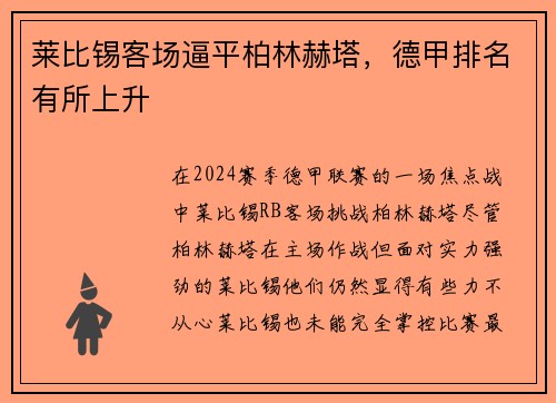 莱比锡客场逼平柏林赫塔，德甲排名有所上升