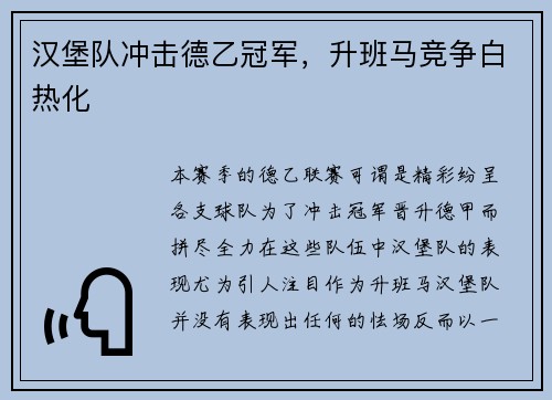汉堡队冲击德乙冠军，升班马竞争白热化